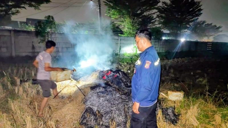 Menindaklanjuti Dumas, Polsek Klari Bersama Warga Sigap Padamkan Api di Area Pesawahan