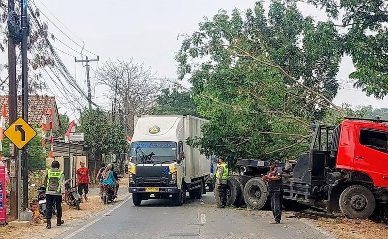 Trailer Menabrak Pohon di Jalan Raya Badami, Sopir Dilarikan ke RSUD Karawang