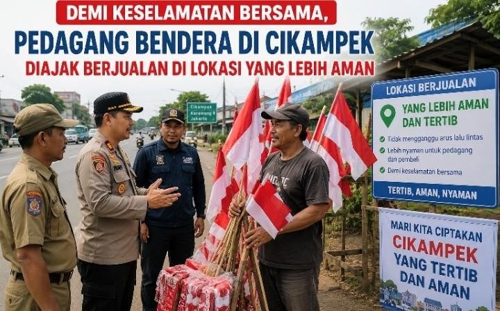 Demi Keselamatan Bersama, Pedagang Bendera di Cikampek Diajak Berjualan di Lokasi yang Lebih Aman