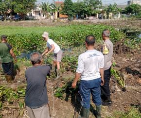 Bhabinkamtibmas Polsek Klari Bersama Warga Bersihkan Eceng Gondok di Perum Puri Kosambi